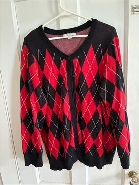 Woman Within Red and Black Argyle Cardigan Sweater